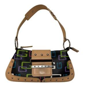 VTG Y2K 00's Guess Black Multi Color Monogram Murakami Style Baguette Bag Purse